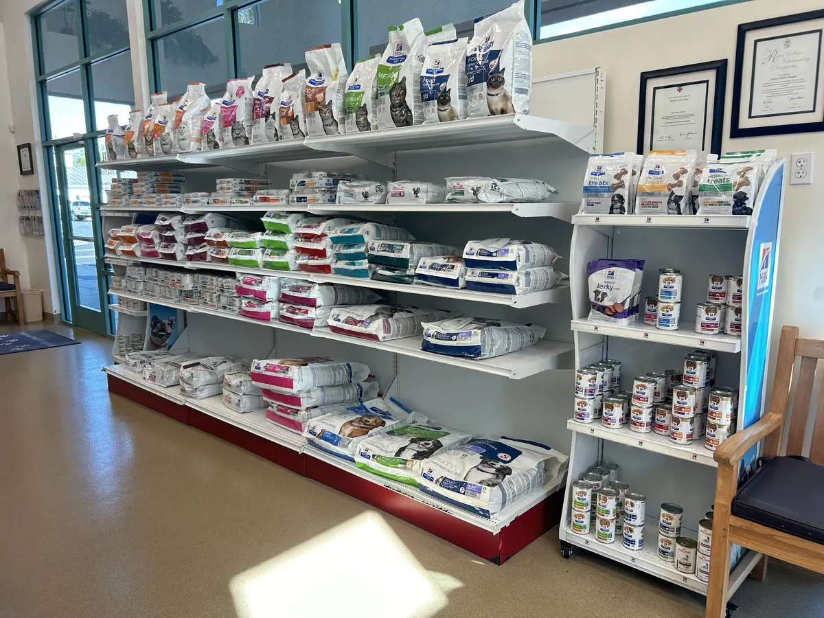 Shelves stocked with prescription diets and pet food in the lobby